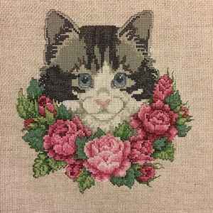 Cat & Roses Cross Stitch Art